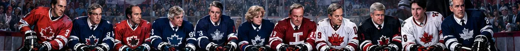 Eleven figures in hockey jerseys seated along a players’ bench.