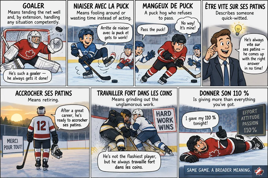 Seven Québécois hockey expressions and their meanings, including goaler, niaiser avec la puck, mangeux de puck and accrocher ses patins.
