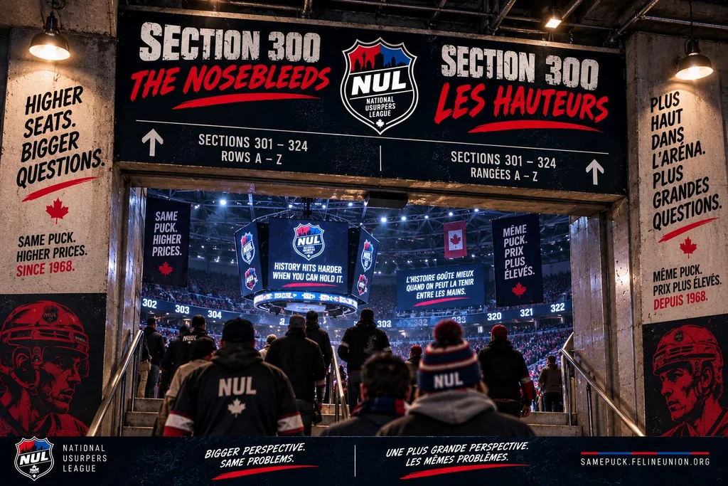 Walking up into Section 300 of the NUL Arena, the rink opening up below, under signage reading The Nosebleeds and Les hauteurs.