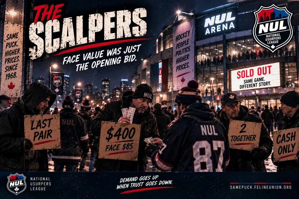 Ticket scalpers outside the NUL Arena on a sold-out night, one holding a sign reading four hundred dollars against a face value of eighty-five.
