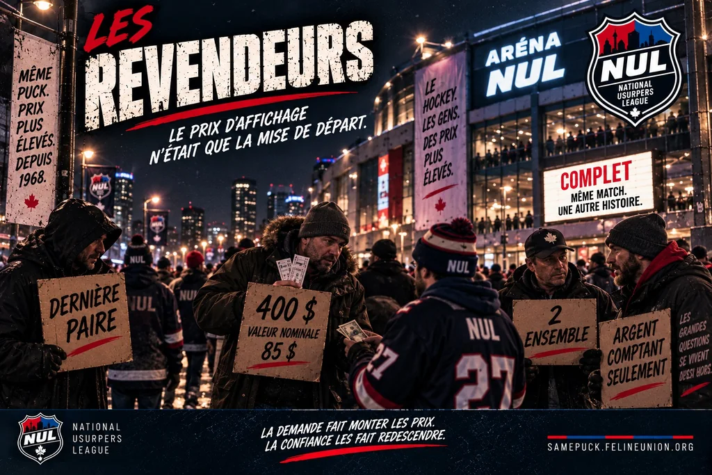 Des revendeurs de billets devant l’aréna de la NUL un soir à guichets fermés, l’un d’eux tenant une pancarte à quatre cents dollars pour une valeur nominale de quatre-vingt-cinq.