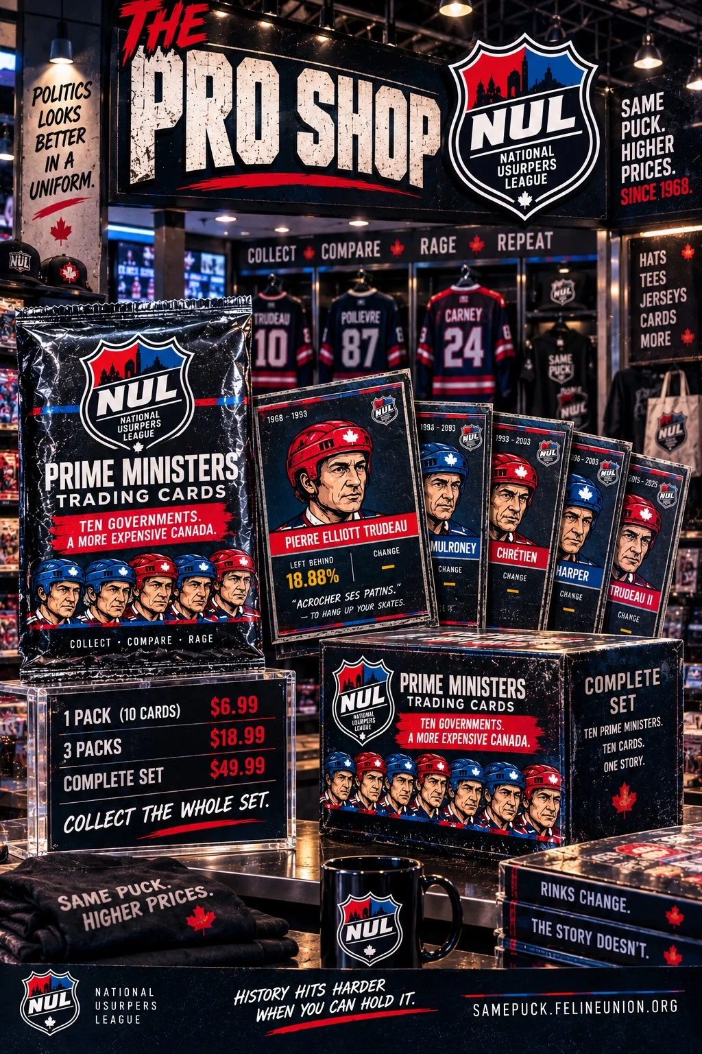 The NUL pro shop: prime-minister trading-card packs and a price case in front of a wall of hanging jerseys.
